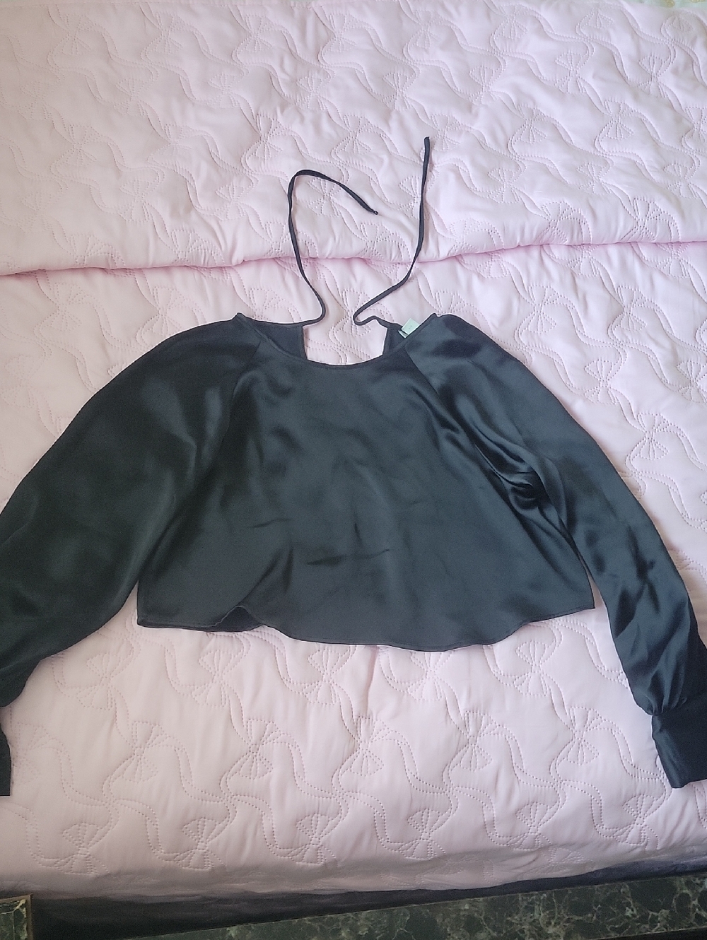 Black Satin Long Sleeve Crop Top